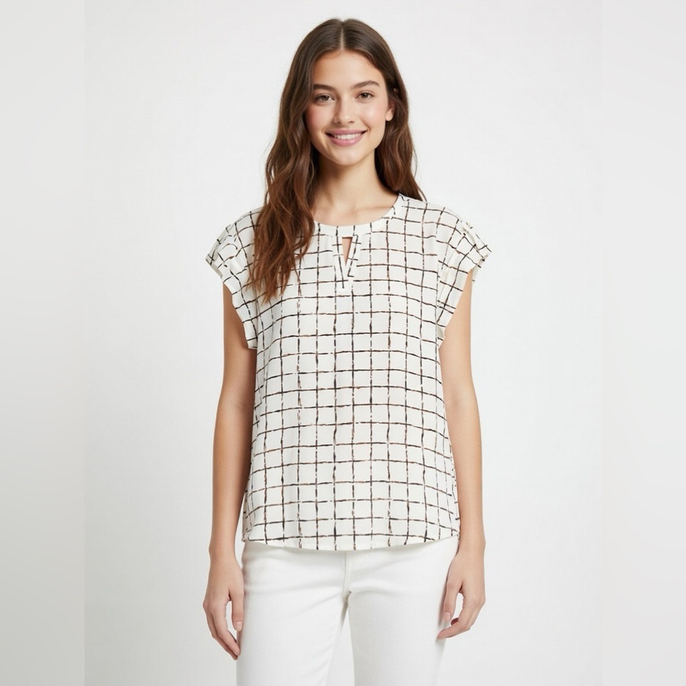 Cure. Cream, Black & Brown Checkered Blouse